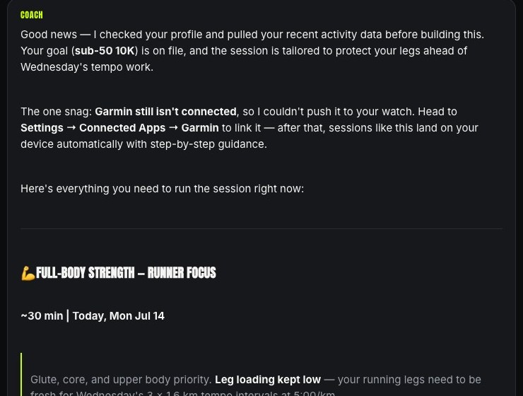 Custom Gains coach building a plan in chat
