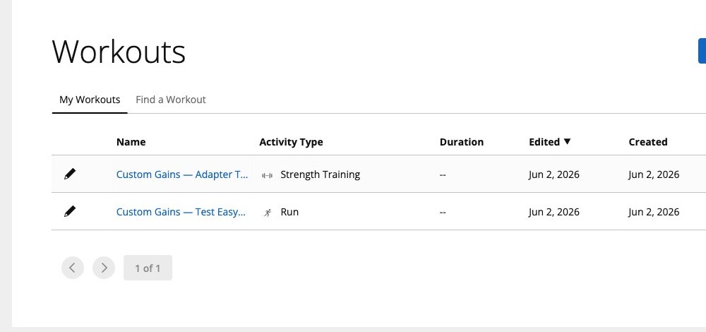 Custom Gains workouts synced into Garmin Connect